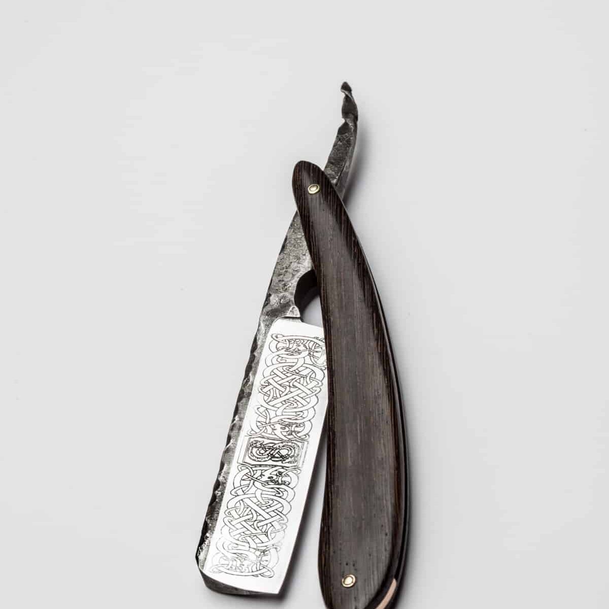 Nordic Inspired Custom Straight Razor: Engraved, Wenge, Bronze, Smithing, Strong Forge Finish