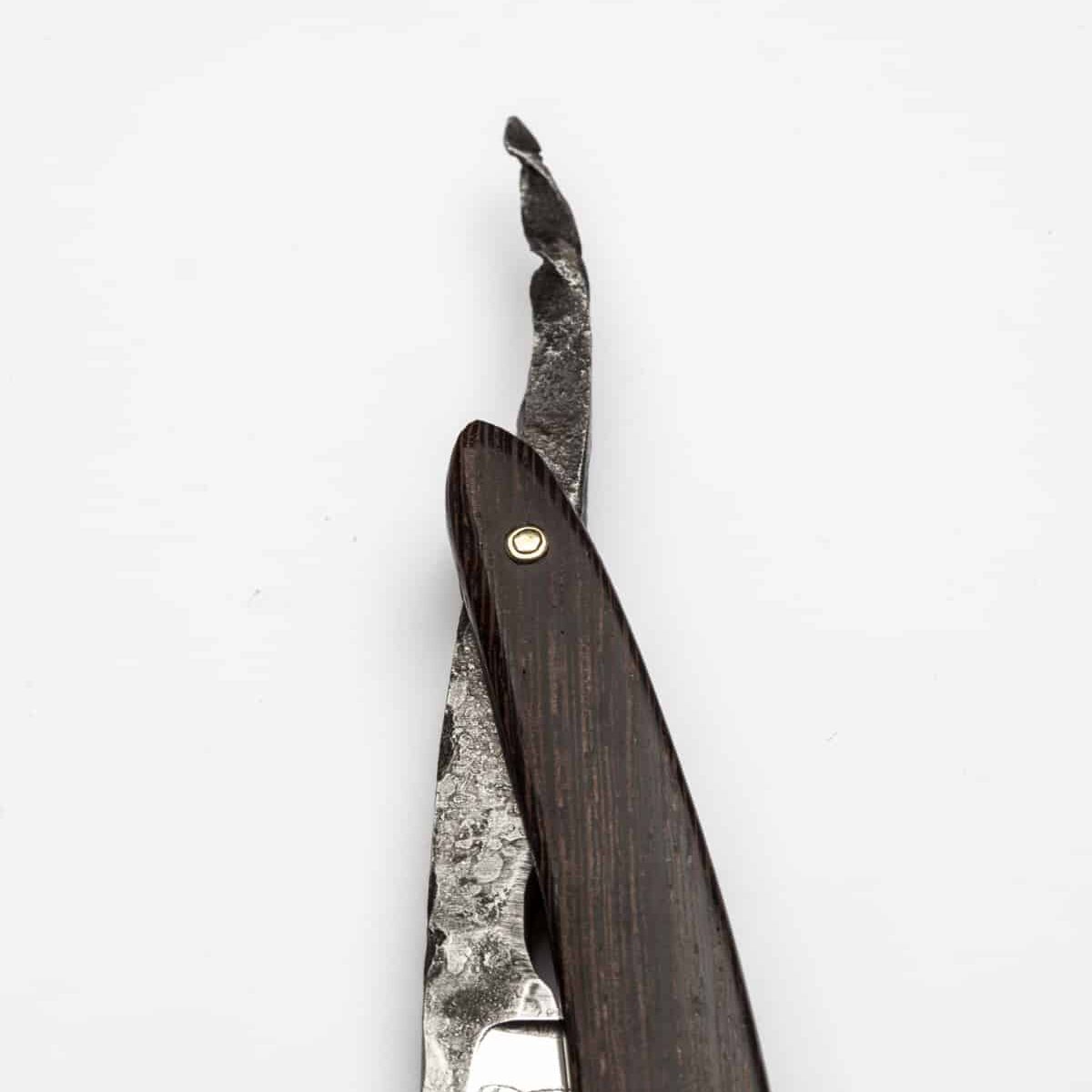 Nordic Inspired Custom Straight Razor: Engraved, Wenge, Bronze, Smithing, Strong Forge Finish