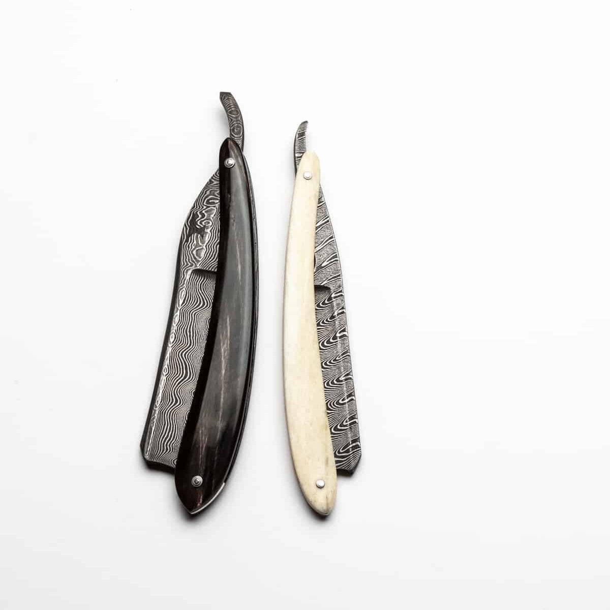 “Weekend Set” Ox horn and Camel Bone, 7/8ths and 8/8+, Fine Silver Damascus – Custom Straight Razor Set