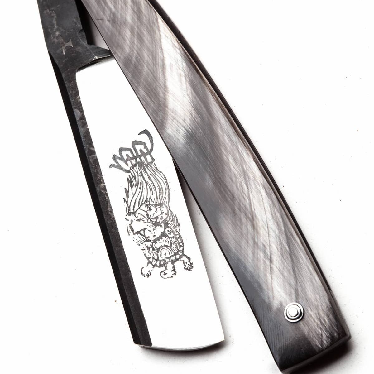 Urashima Tarō - 6/8, Figured Ox Horn, Original Artwork - Custom Straight Razor.